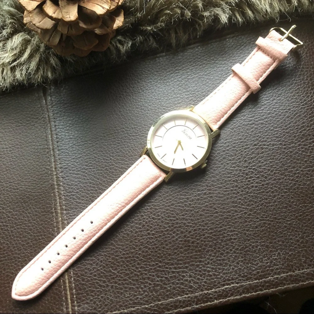 Ladies Geneva blush pink faux leather band watch